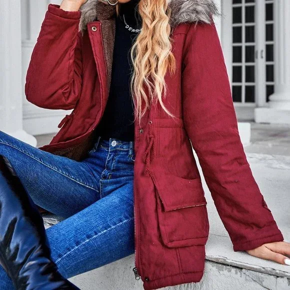 Red Preppy Womens Fuzzy Trim Hooded Drawstring Waist Teddy Lined Parka Coat - Picture 4 of 5